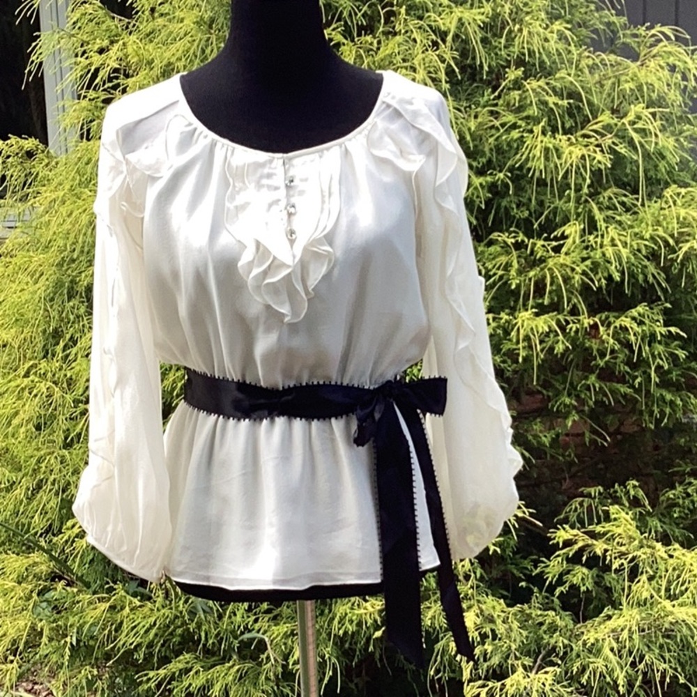 Adrianna Papell Silk Ruffled Ribbon Belt Sheer Dressy Evening Special Occasion